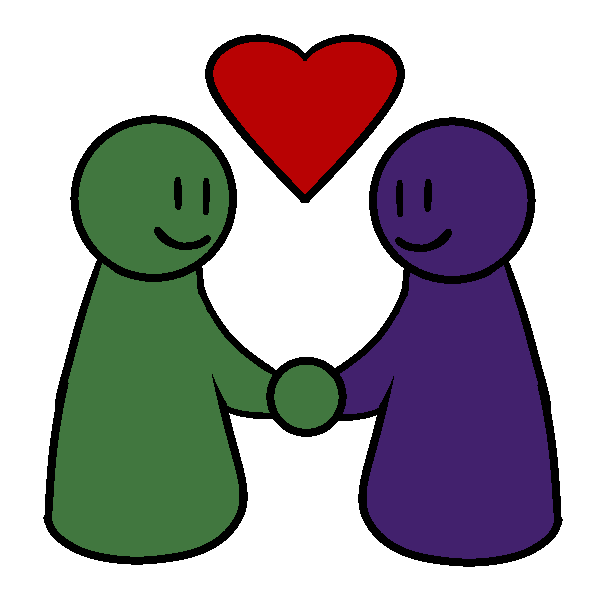  A green figure and a purple figure holding hands and smiling, with a heart between them. 